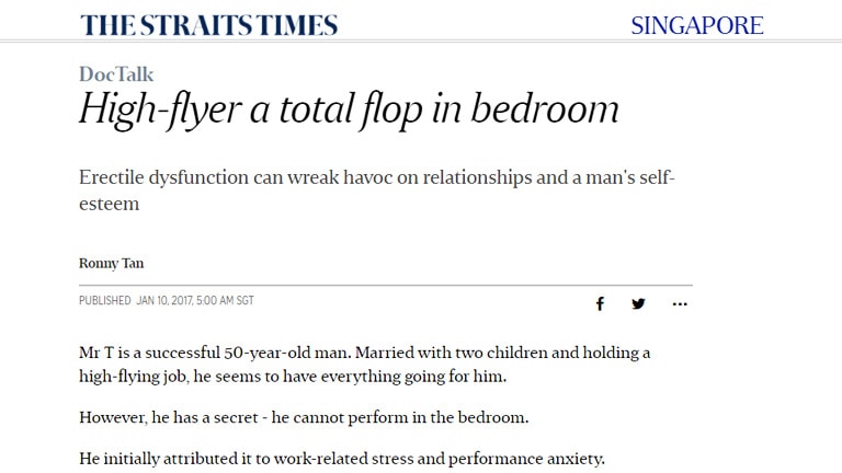 Straits Times: High-flyer a Total Flop in Bedroom by Dr Ronny Tan